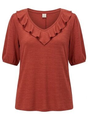 Beacon Apparel Ruffle Neck Top Large Red Puff Sleeve Blouse Flowy Stretch